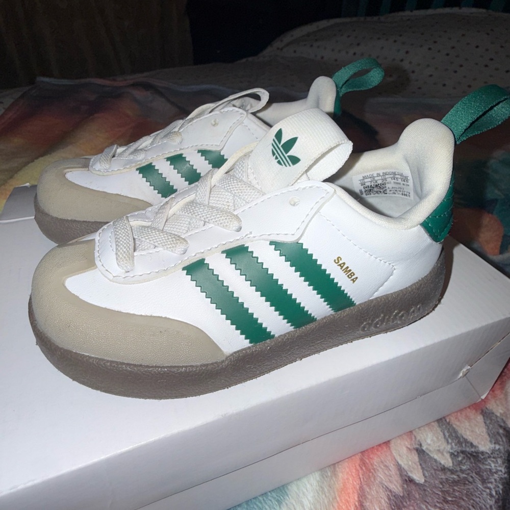 adidas Kids White Sneakers with Green Stripes